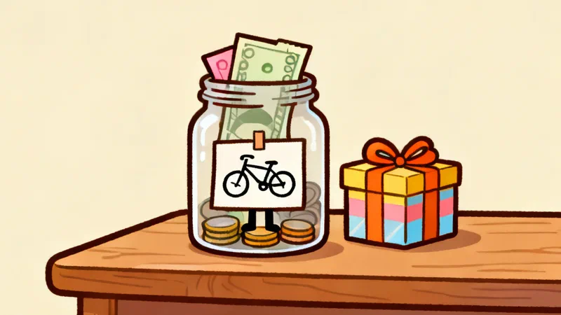A glass jar with folded banknotes and coins and a small drawing of a bicycle taped to the front, standing next to a wrapped gift on a wooden table