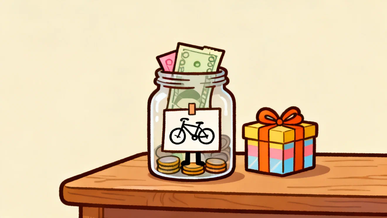 A glass jar with folded banknotes and coins and a small drawing of a bicycle taped to the front, standing next to a wrapped gift on a wooden table