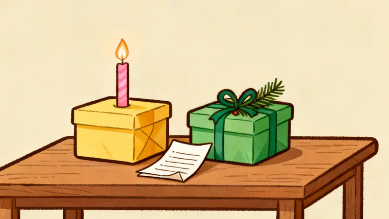Two wrapped boxes on a wooden table, a yellow one with a single lit pink candle on top and a green one with a ribbon and a small fir branch, with a folded paper list lying between them