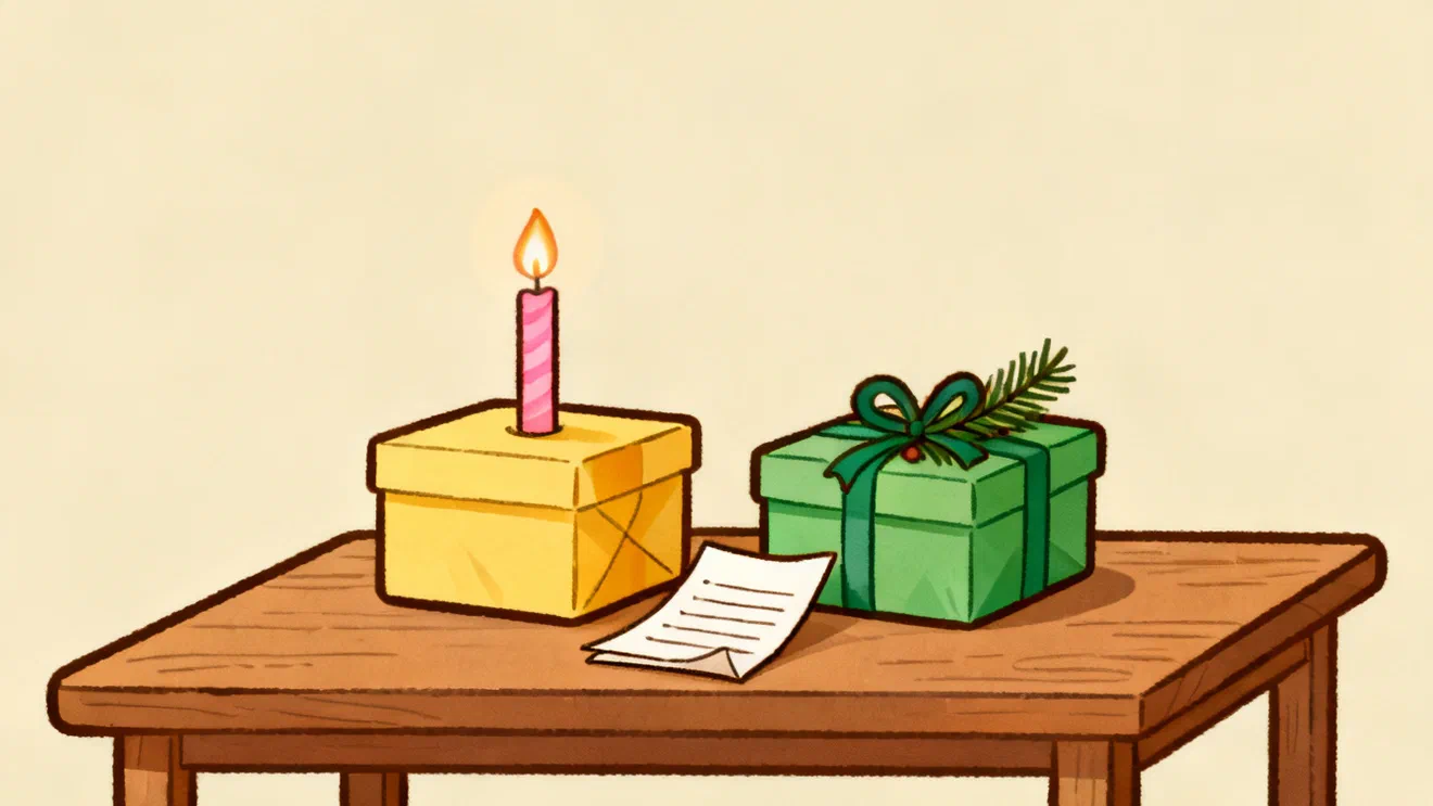 Two wrapped boxes on a wooden table, a yellow one with a single lit pink candle on top and a green one with a ribbon and a small fir branch, with a folded paper list lying between them