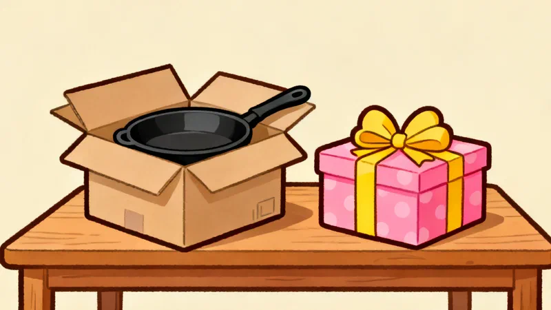 An opened cardboard delivery box with a cast iron frying pan inside on a wooden table, next to it a pink polka dot gift box with a yellow bow