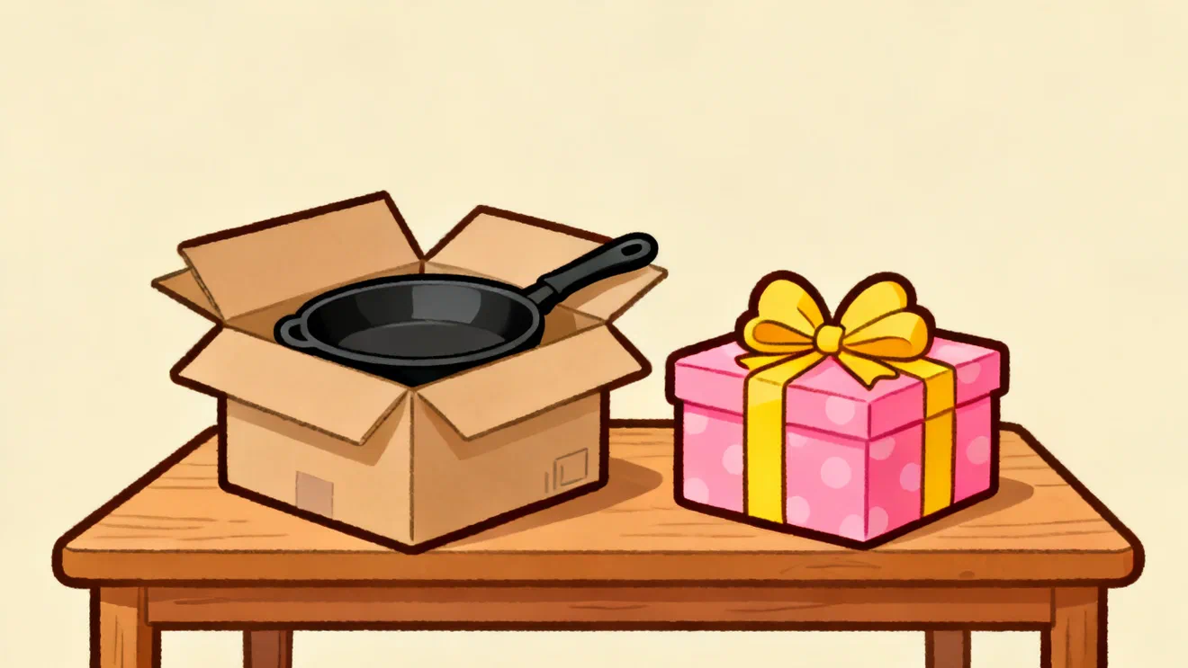 An opened cardboard delivery box with a cast iron frying pan inside on a wooden table, next to it a pink polka dot gift box with a yellow bow