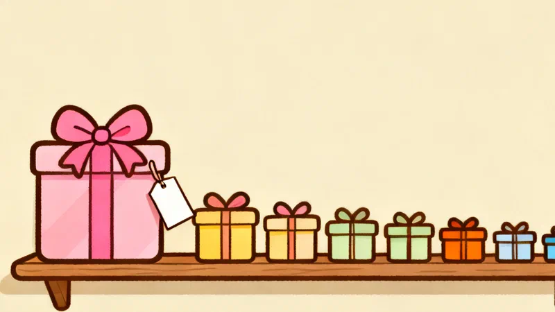 A large pink wrapped gift box with a blank paper tag at the end of a wooden shelf, next to a row of seven small wrapped boxes that shrink toward the other end