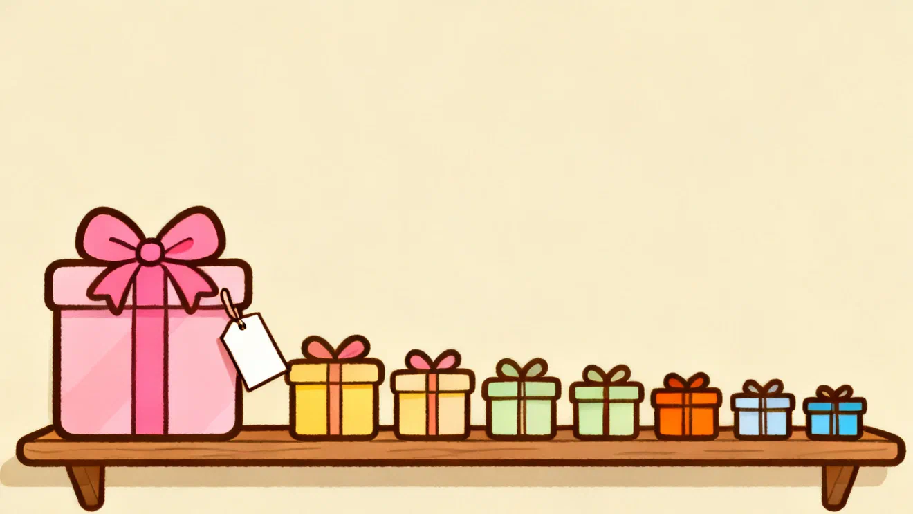 A large pink wrapped gift box with a blank paper tag at the end of a wooden shelf, next to a row of seven small wrapped boxes that shrink toward the other end