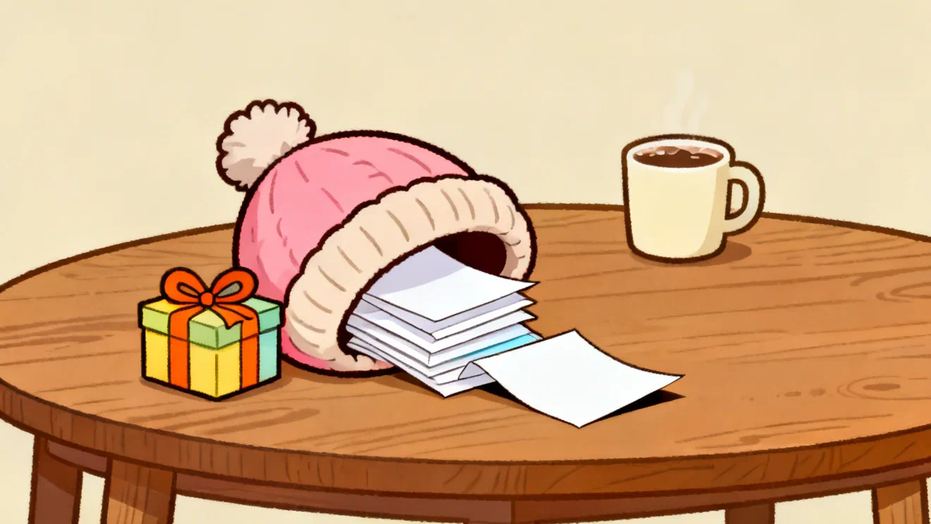 A pink bobble hat on a wooden table with a stack of blank paper slips spilling out of it, a small wrapped gift with an orange bow beside it and a mug of cocoa behind