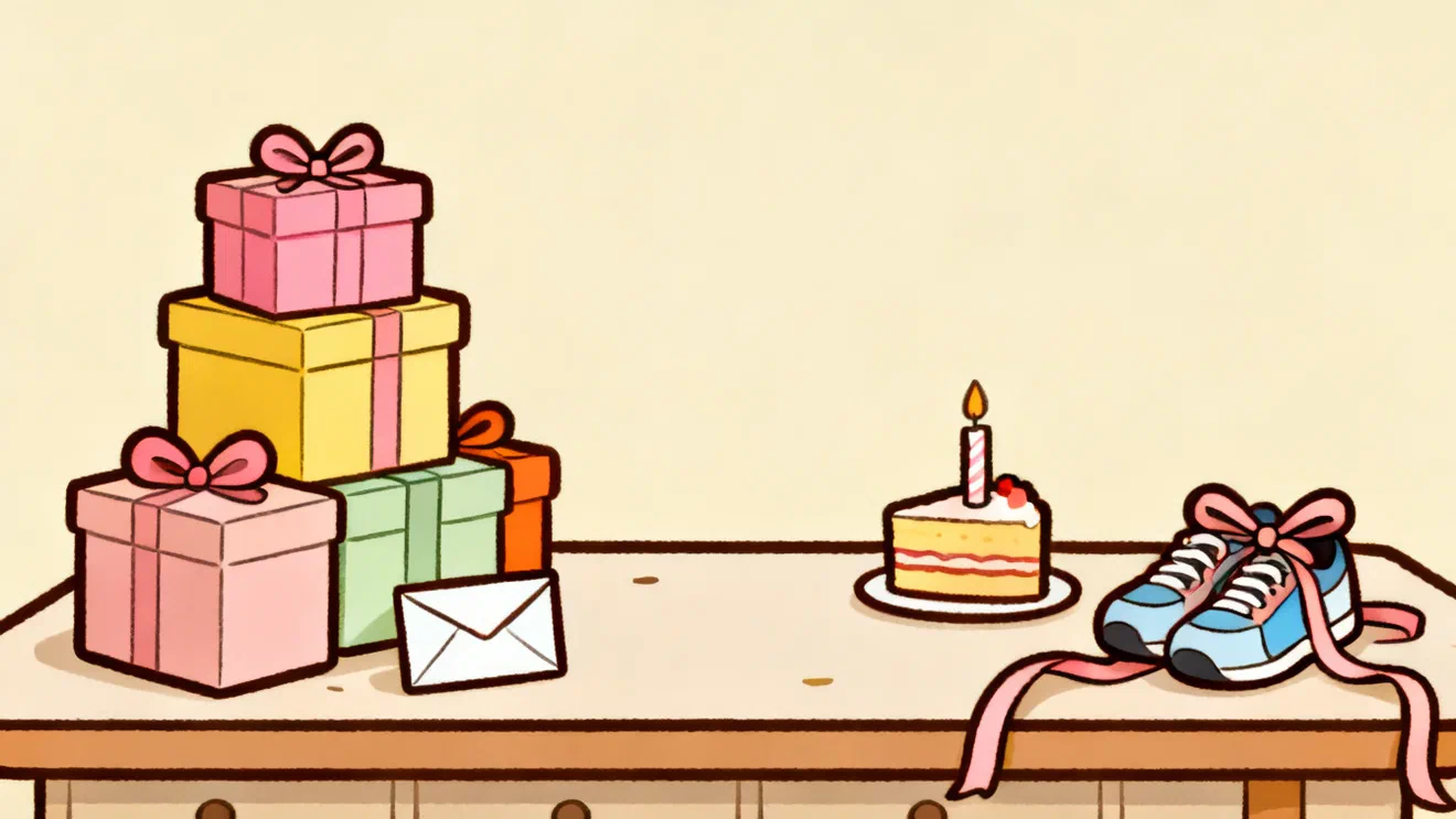 A pile of wrapped baby presents on one end of a table, and on the other end a slice of cake with one candle, a pair of running shoes with a ribbon and a small envelope