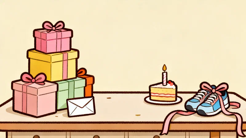 A pile of wrapped baby presents on one end of a table, and on the other end a slice of cake with one candle, a pair of running shoes with a ribbon and a small envelope