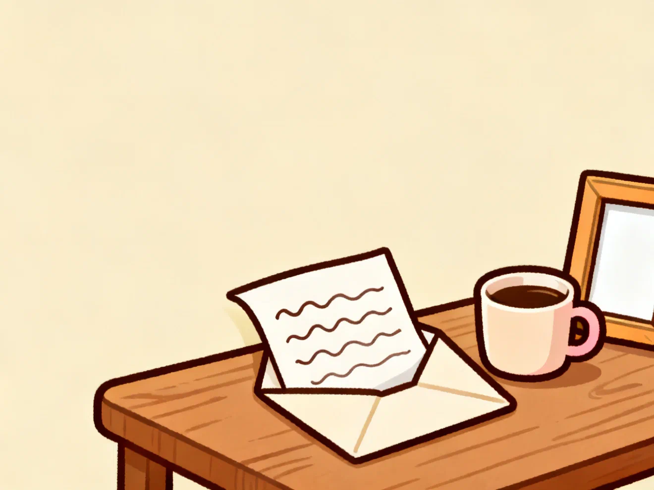 A handwritten letter half out of an open envelope on a wooden table, next to a mug of coffee and an empty picture frame