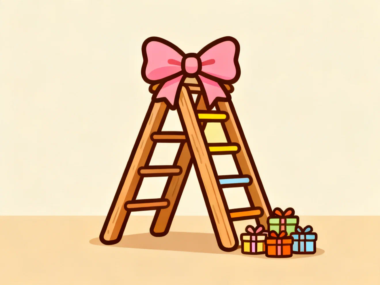 A large wooden climbing triangle with a pink bow on top, a small heap of tiny wrapped gifts beside it