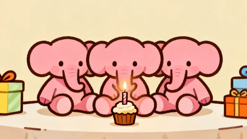Three identical pink plush elephants sitting on a party table next to a cupcake with one candle
