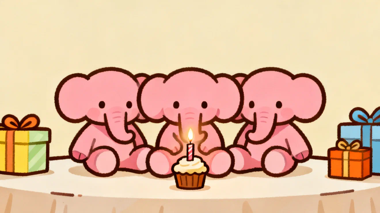 Three identical pink plush elephants sitting on a party table next to a cupcake with one candle