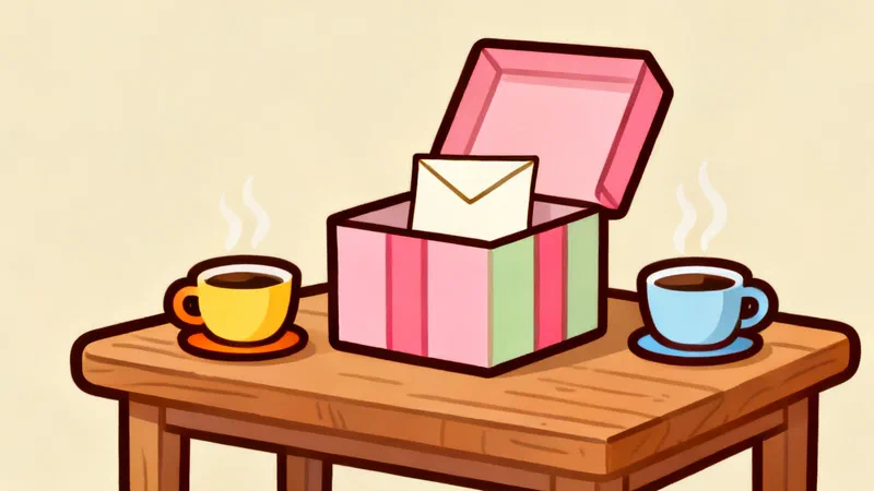 An open gift box holding only a folded note, on a table between two cups of coffee