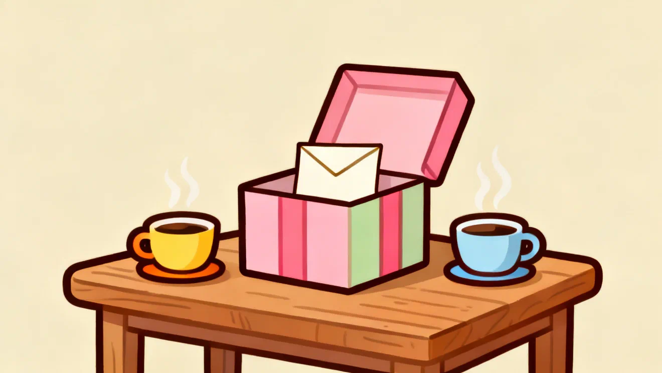 An open gift box holding only a folded note, on a table between two cups of coffee