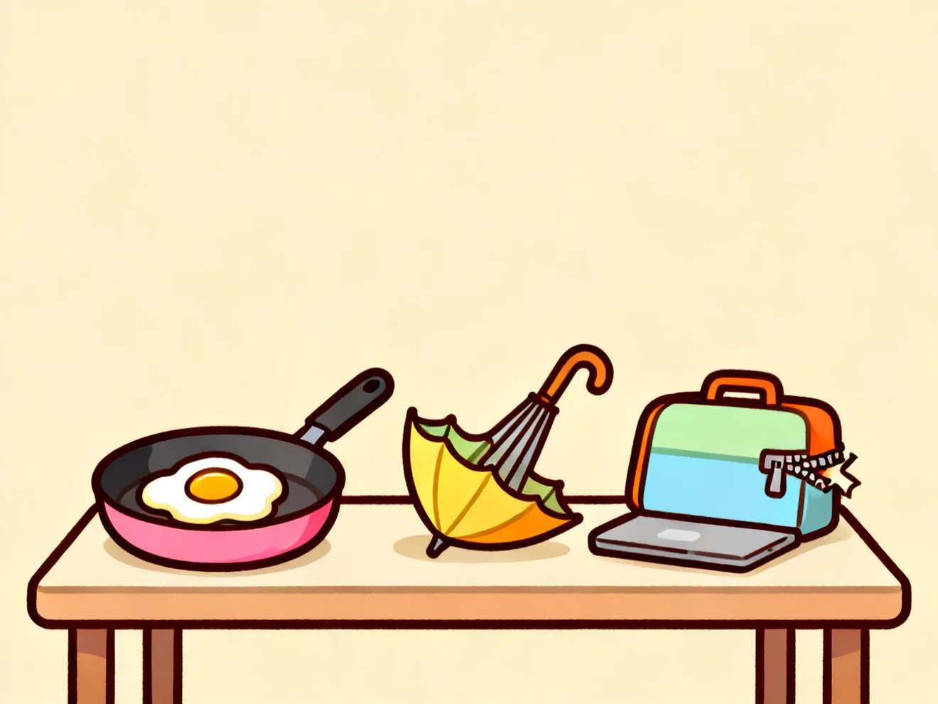 A frying pan with a stuck egg, an umbrella blown inside out and a laptop bag with a broken zipper on a table