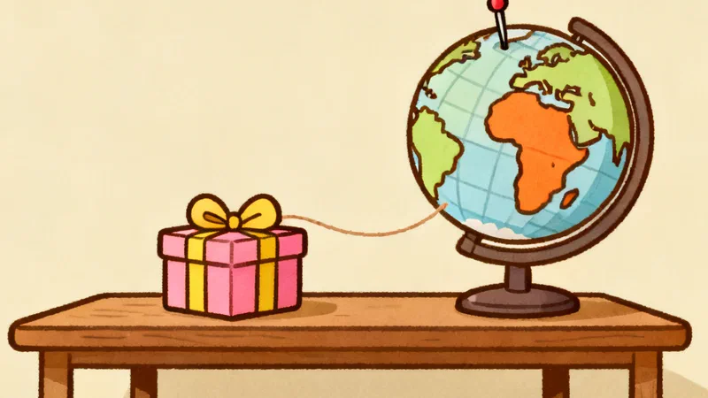 A small wrapped gift box on a table next to a desk globe, a piece of string running from the gift to a pin on the globe