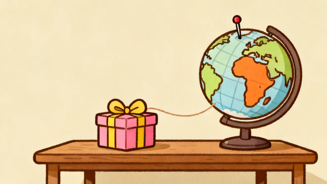 A small wrapped gift box on a table next to a desk globe, a piece of string running from the gift to a pin on the globe