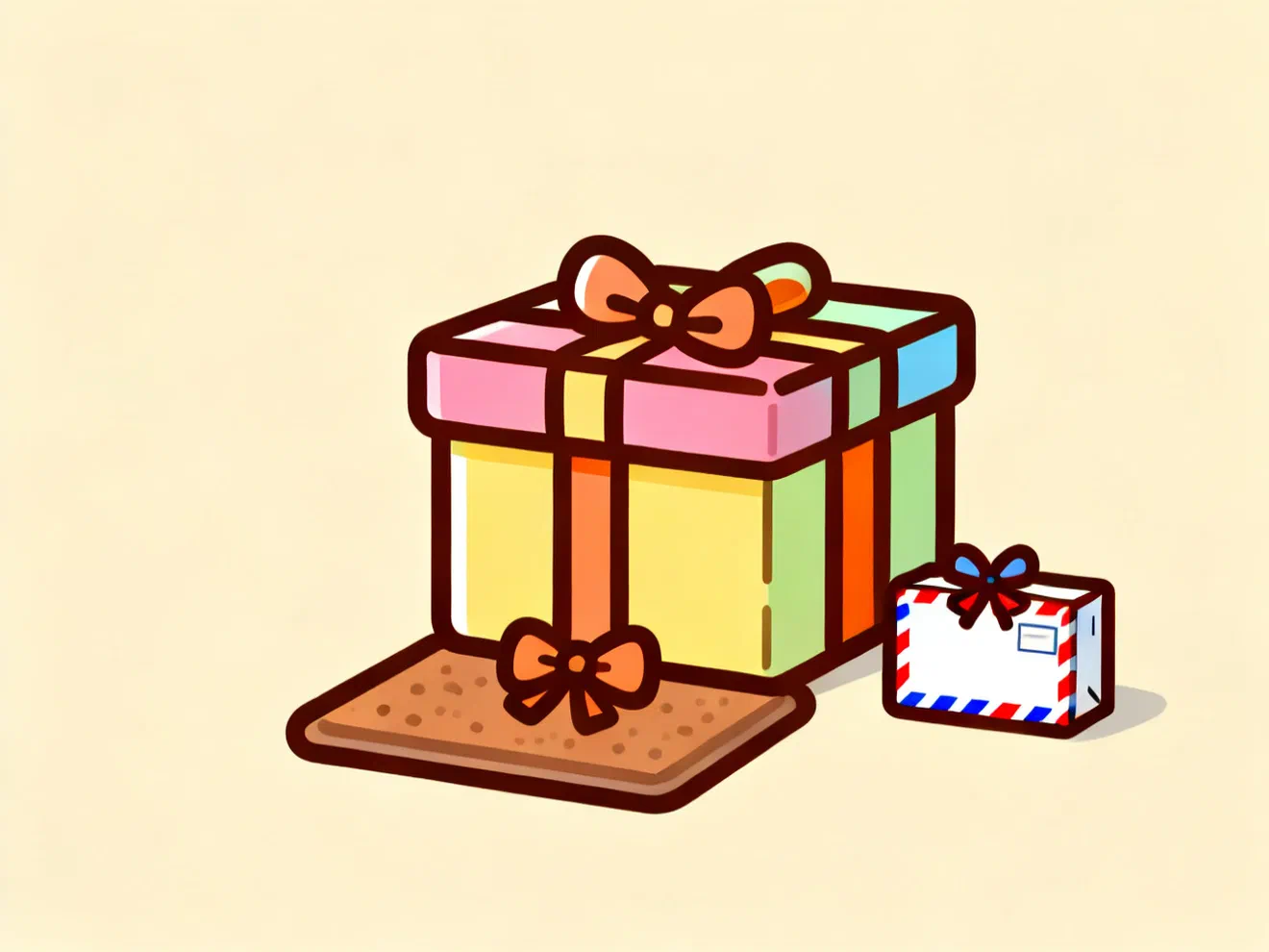 A large wrapped gift box on a doormat beside a tiny airmail parcel with red and blue striped edges
