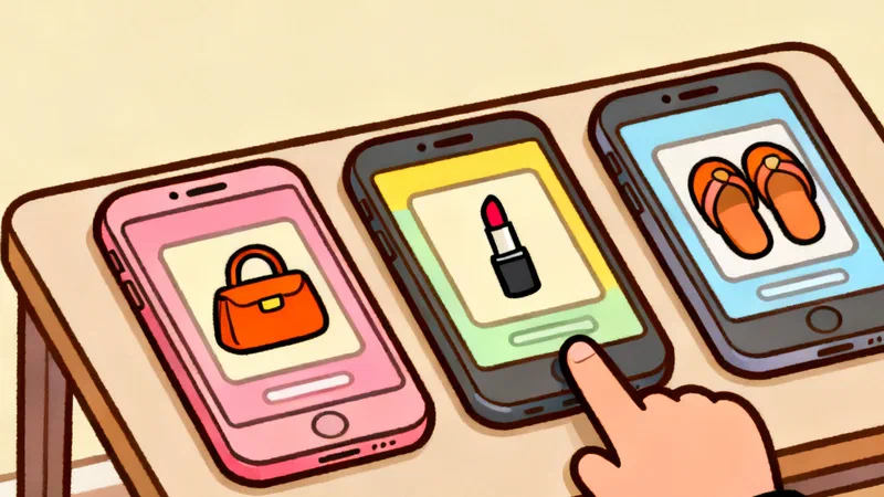 Three phones on a table, each showing one product card, a handbag, a lipstick and a pair of slippers, with a finger tapping the middle one
