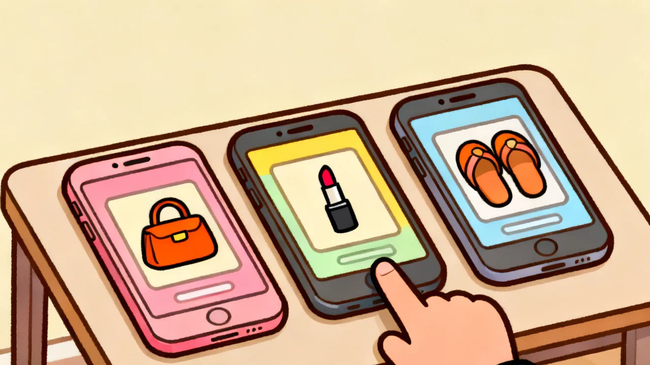 Three phones on a table, each showing one product card, a handbag, a lipstick and a pair of slippers, with a finger tapping the middle one