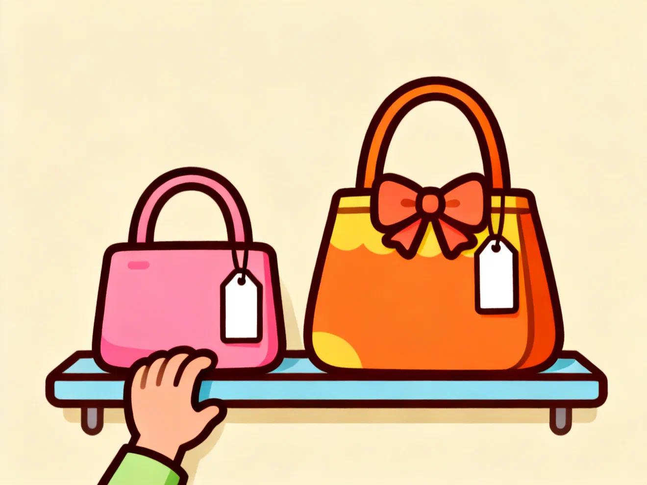 A hand taking a small plain pink handbag from a shelf, leaving a bigger orange one with a bow