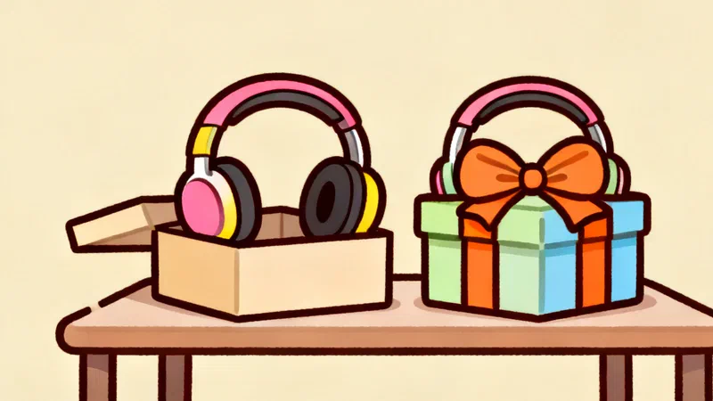 Two identical pairs of headphones on a table, one in an opened shop box and one on a gift box with a bow