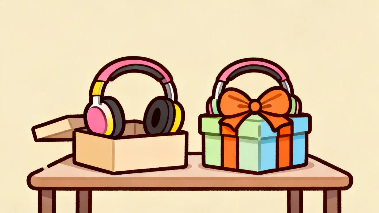 Two identical pairs of headphones on a table, one in an opened shop box and one on a gift box with a bow