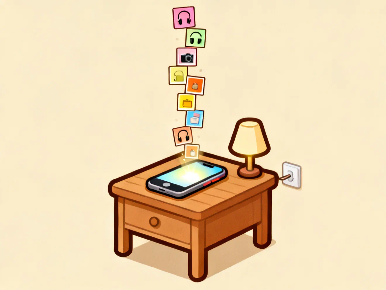 A phone on a bedside table at night, a strip of small product cards rising out of its glowing screen