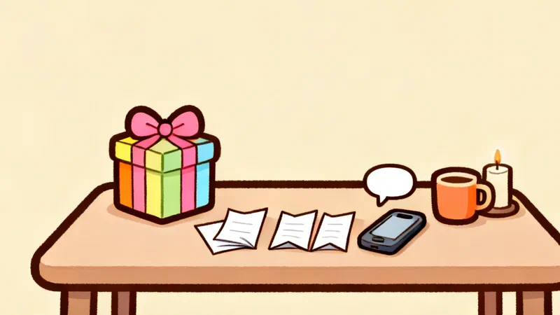 A wrapped gift box on a table next to three folded notes, a phone with an empty chat bubble, and a mug and candle pushed to the edge