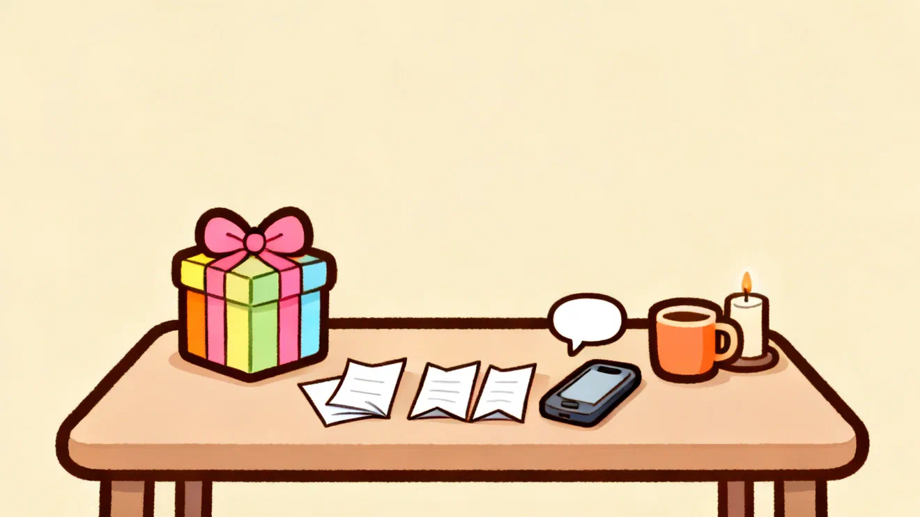 A wrapped gift box on a table next to three folded notes, a phone with an empty chat bubble, and a mug and candle pushed to the edge