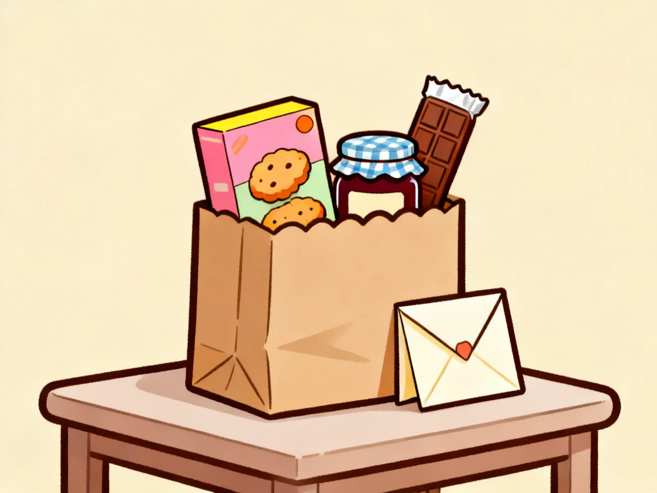 A paper gift bag with a box of cookies, a jar of jam and a chocolate bar, and a card leaning against it