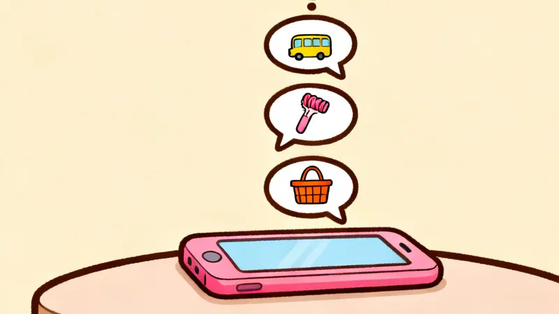 A pink phone on a table with three chat bubbles floating above it, a bus, a hair curler and a shopping basket, and a question mark on top