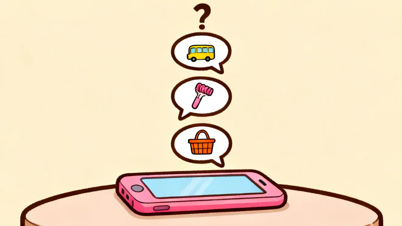 A pink phone on a table with three chat bubbles floating above it, a bus, a hair curler and a shopping basket, and a question mark on top