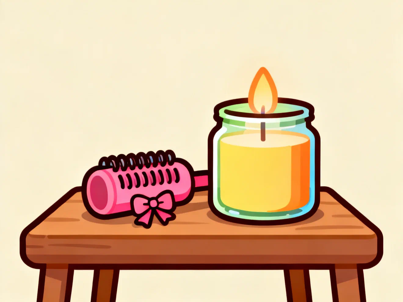 A pink hair curler with a small bow next to a lit candle in a jar on a wooden table