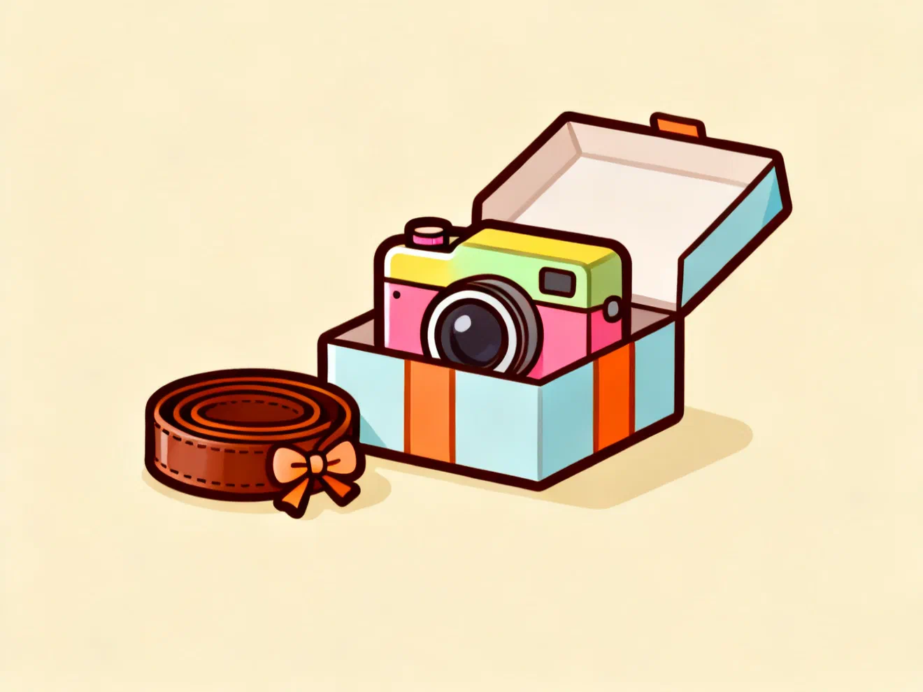 A camera in an open gift box with a coiled leather camera strap tied with a bow beside it