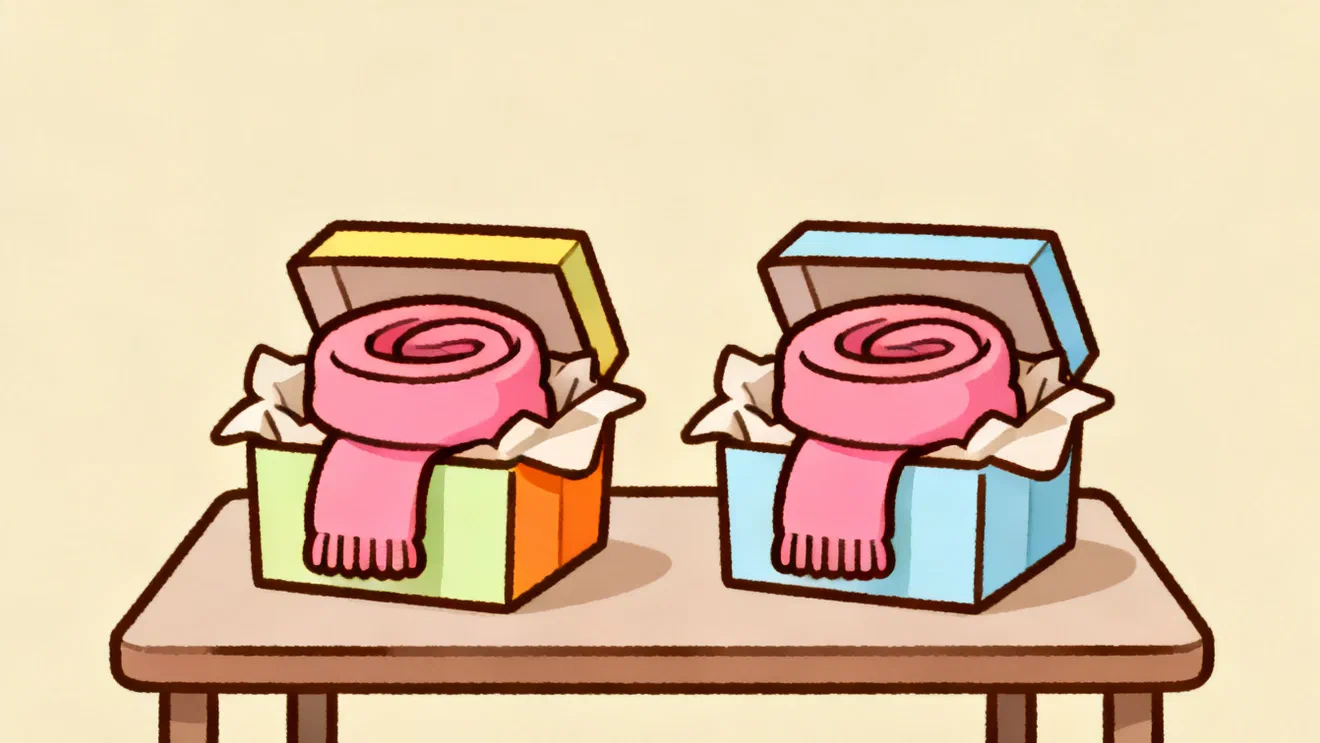 Two identical pink wool scarves, each in its own open gift box with tissue paper, side by side on a table