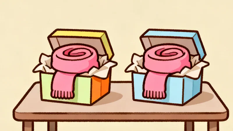 Two identical pink wool scarves, each in its own open gift box with tissue paper, side by side on a table