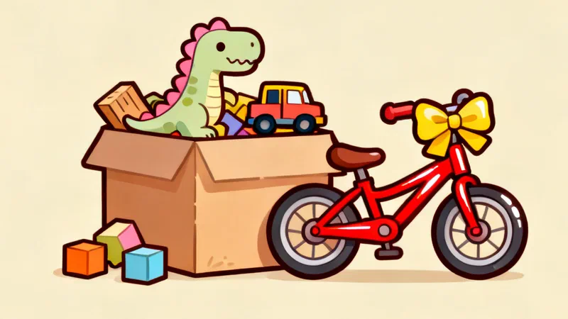 An overflowing toy box with a plush dinosaur and a toy truck next to a red kids bicycle with a yellow bow