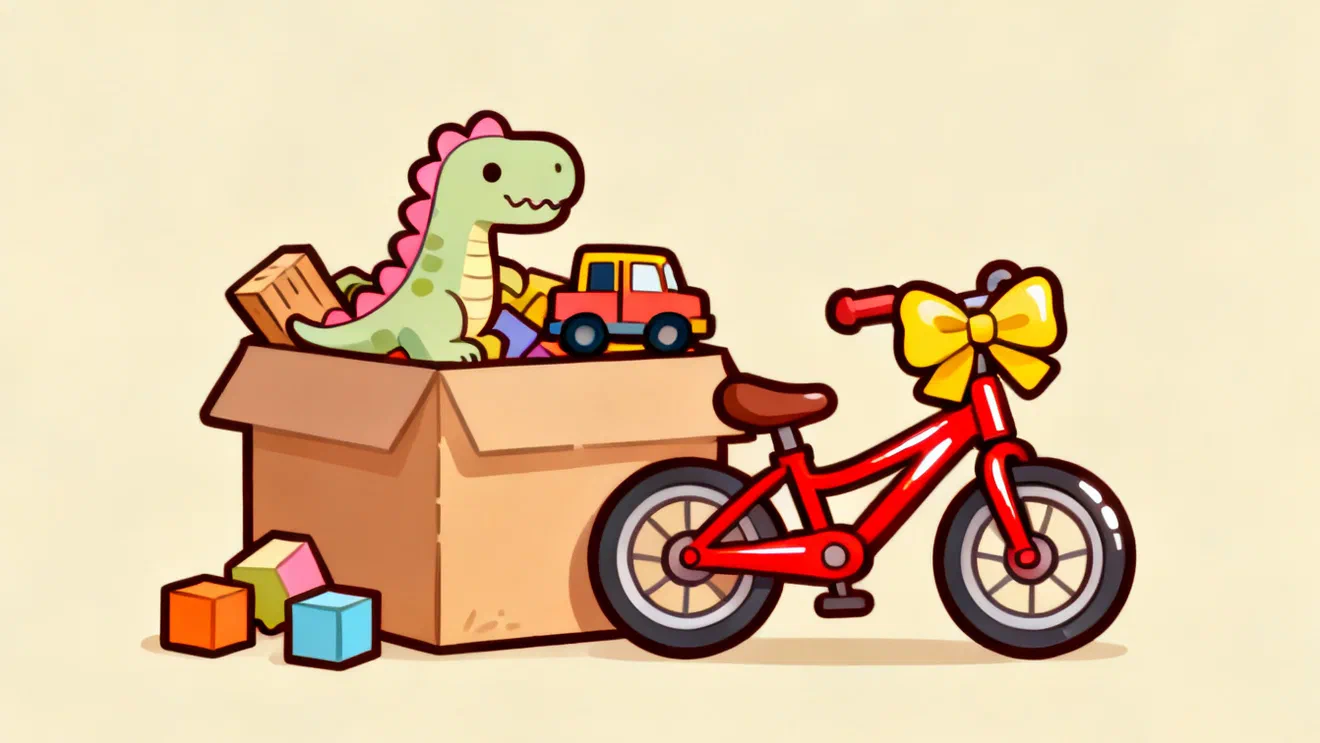 An overflowing toy box with a plush dinosaur and a toy truck next to a red kids bicycle with a yellow bow