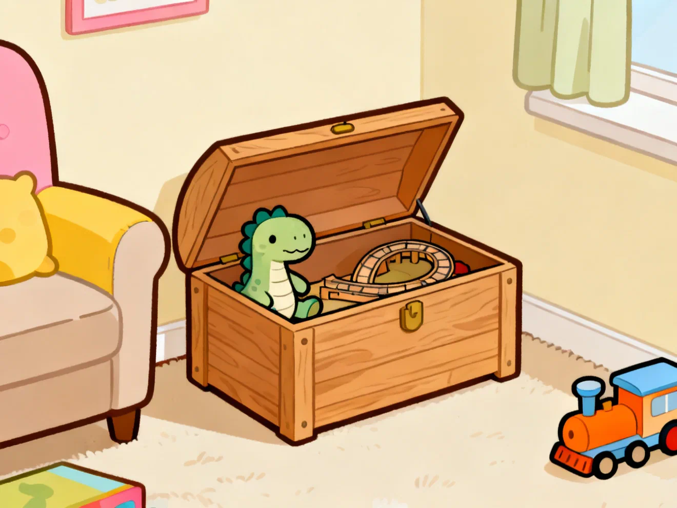 A wooden toy chest with the lid open in a living room corner, a plush dinosaur and a train set inside