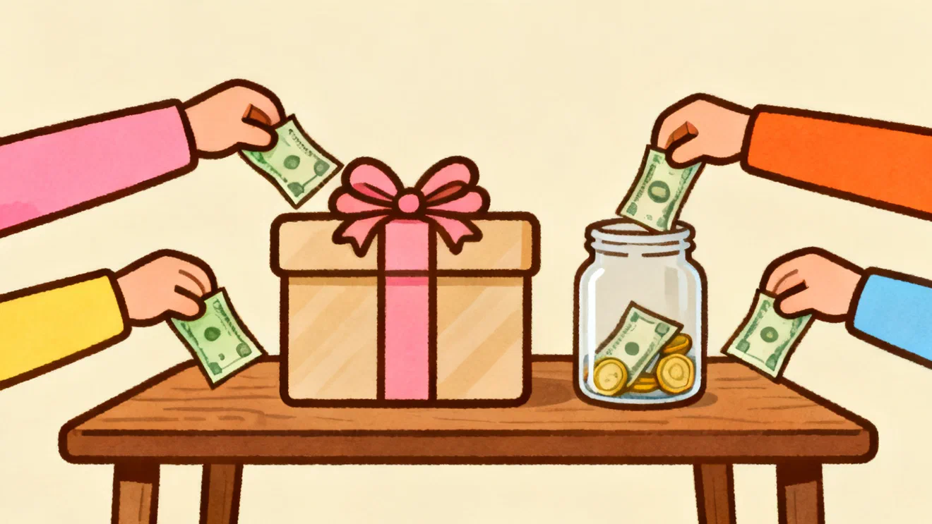 One wrapped box with a pink bow in the middle of a wooden table, a glass jar of coins beside it, and four hands reaching in from the sides, each holding a banknote toward the jar