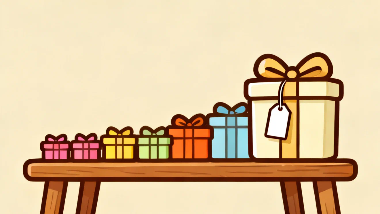 A row of wrapped gift boxes on a table, three tiny ones, several medium ones and one large box with a blank tag