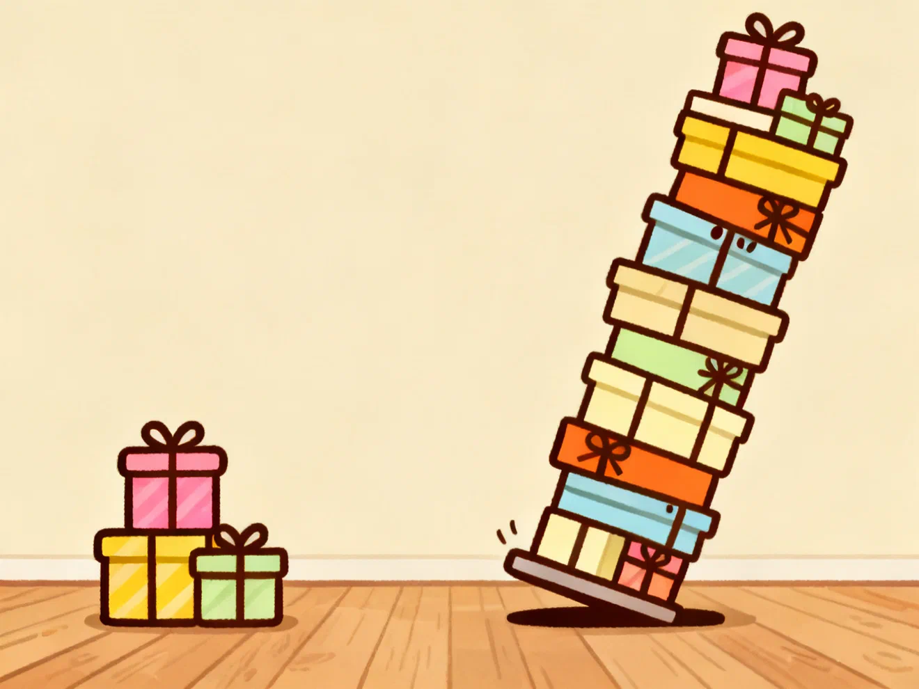 A small stack of three gift boxes next to a tall leaning tower of gift boxes about to topple