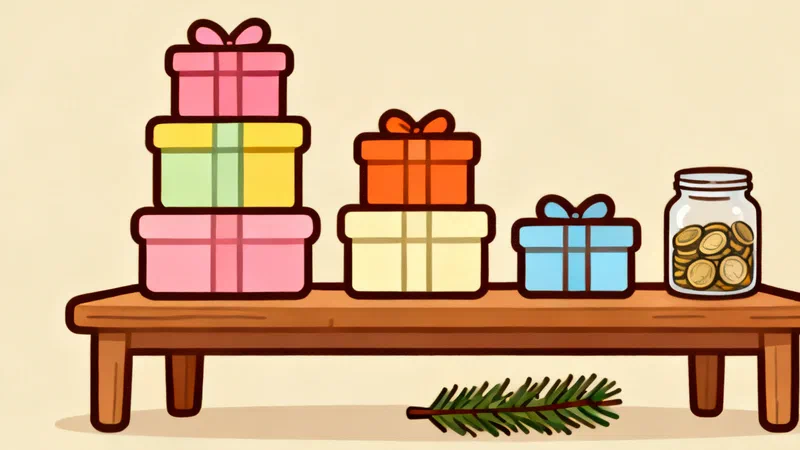 Three stacks of wrapped gifts of decreasing size on a wooden table, a glass jar of coins at the end of the row and a small fir branch in front