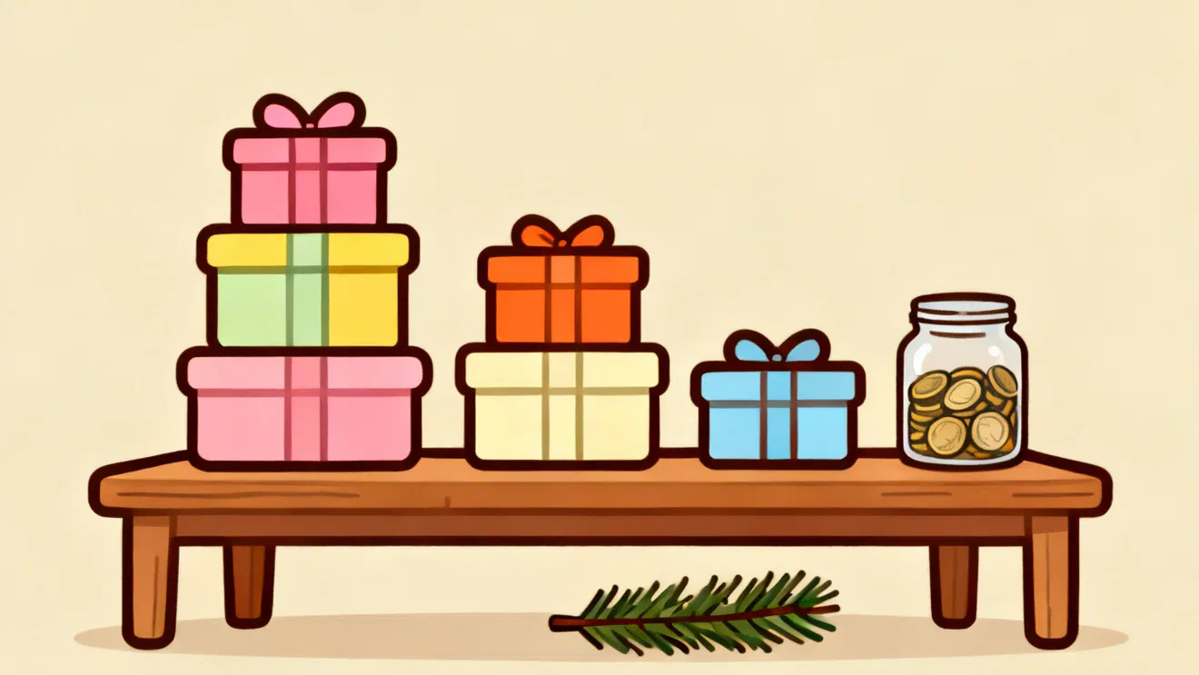 Three stacks of wrapped gifts of decreasing size on a wooden table, a glass jar of coins at the end of the row and a small fir branch in front