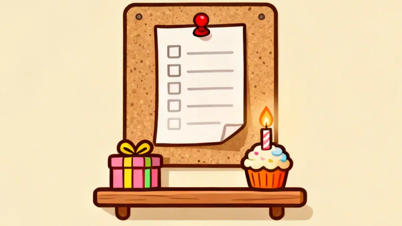 A paper list with empty checkboxes pinned to a cork board, a wrapped gift and a cupcake with one candle on the shelf below