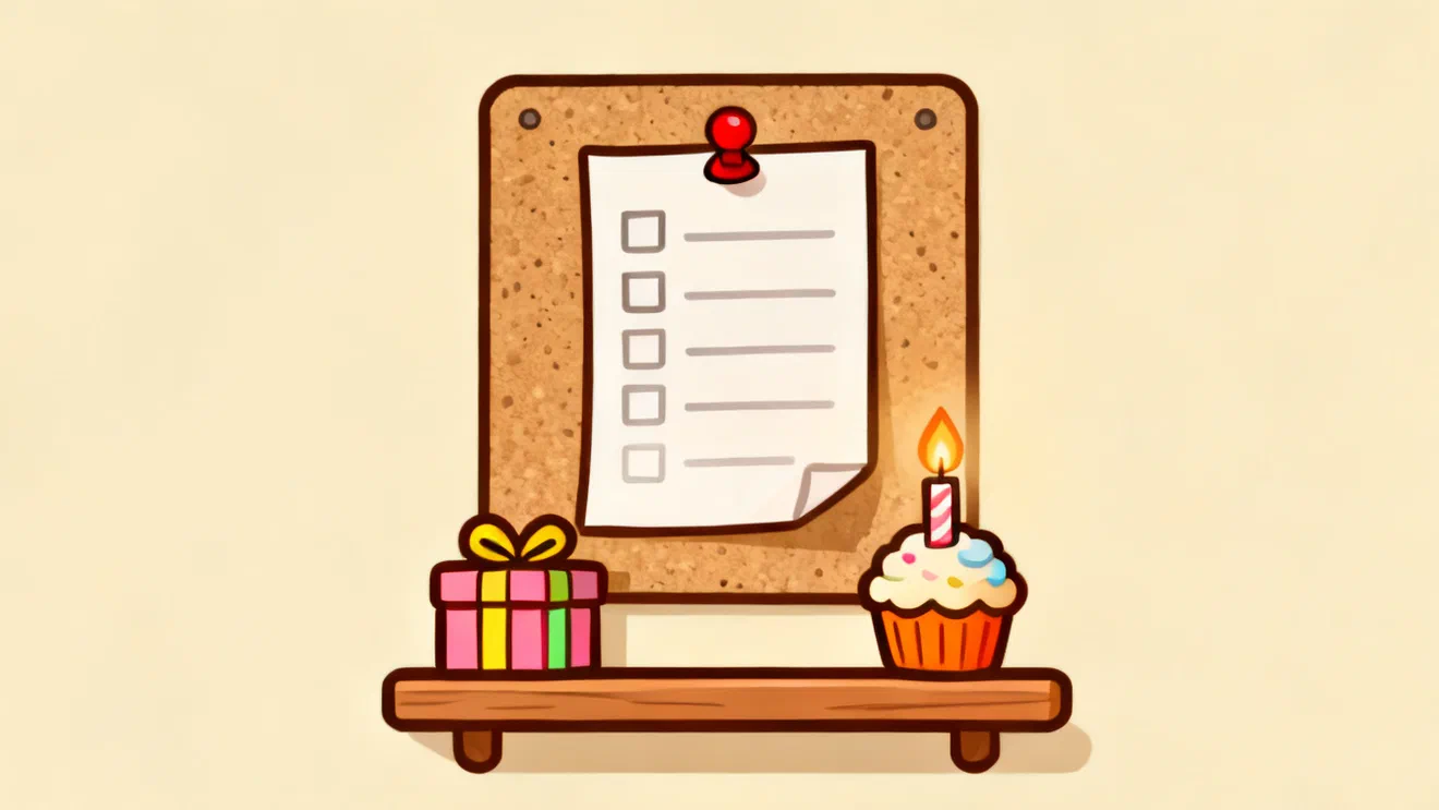A paper list with empty checkboxes pinned to a cork board, a wrapped gift and a cupcake with one candle on the shelf below