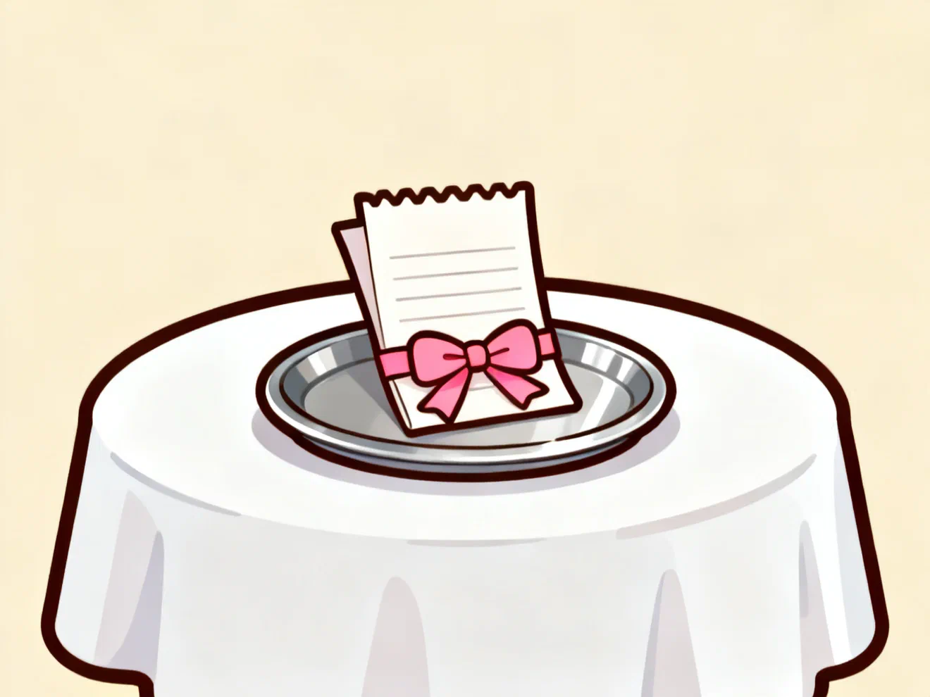 A folded blank receipt with a pink bow tied around it on a silver tray