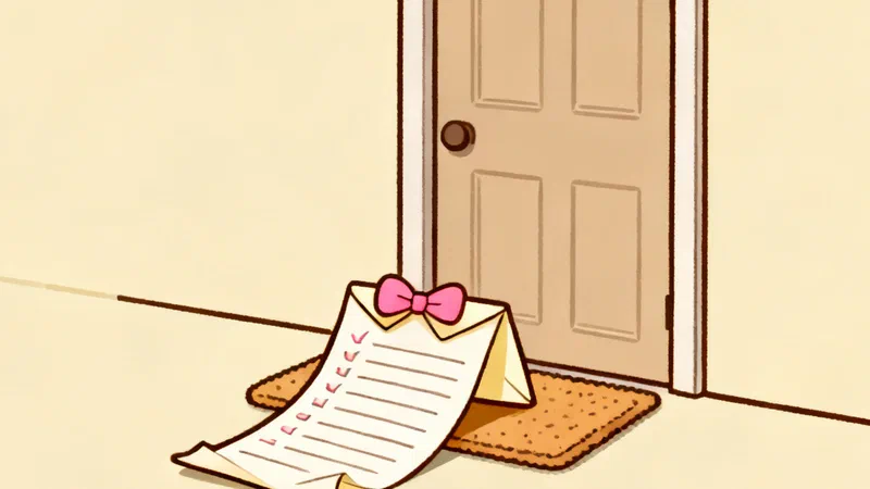 A long paper list in an envelope with a pink bow, lying on a doormat in front of a closed door
