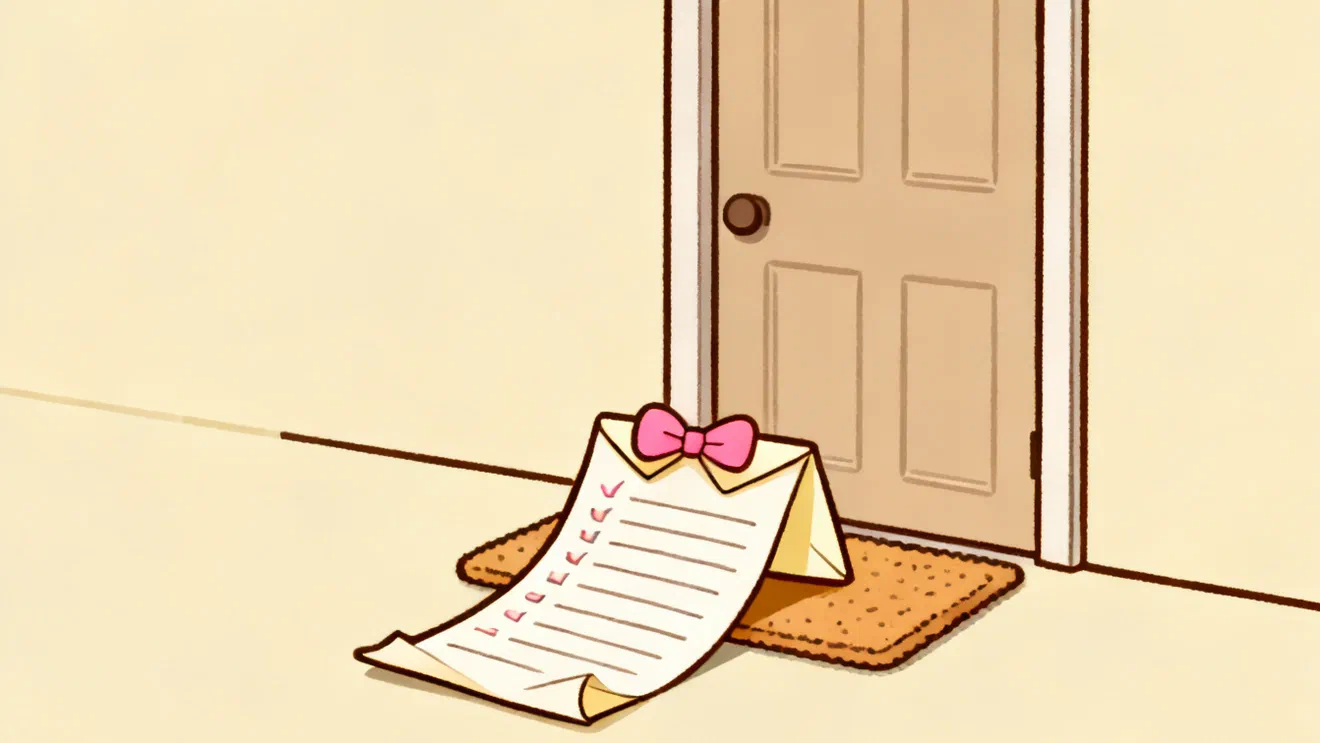 A long paper list in an envelope with a pink bow, lying on a doormat in front of a closed door