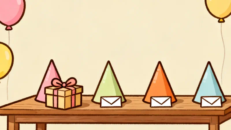 Four paper party hats in a row on a wooden table, a wrapped gift with a bow in front of the first hat and a small card in front of each of the other three, with balloons floating behind